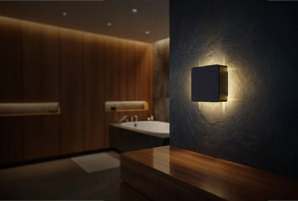 Caixa acústica de sobrepor AAT Luce, com iluminação integrada, instalada em parede de pedra escura de um banheiro com banheira