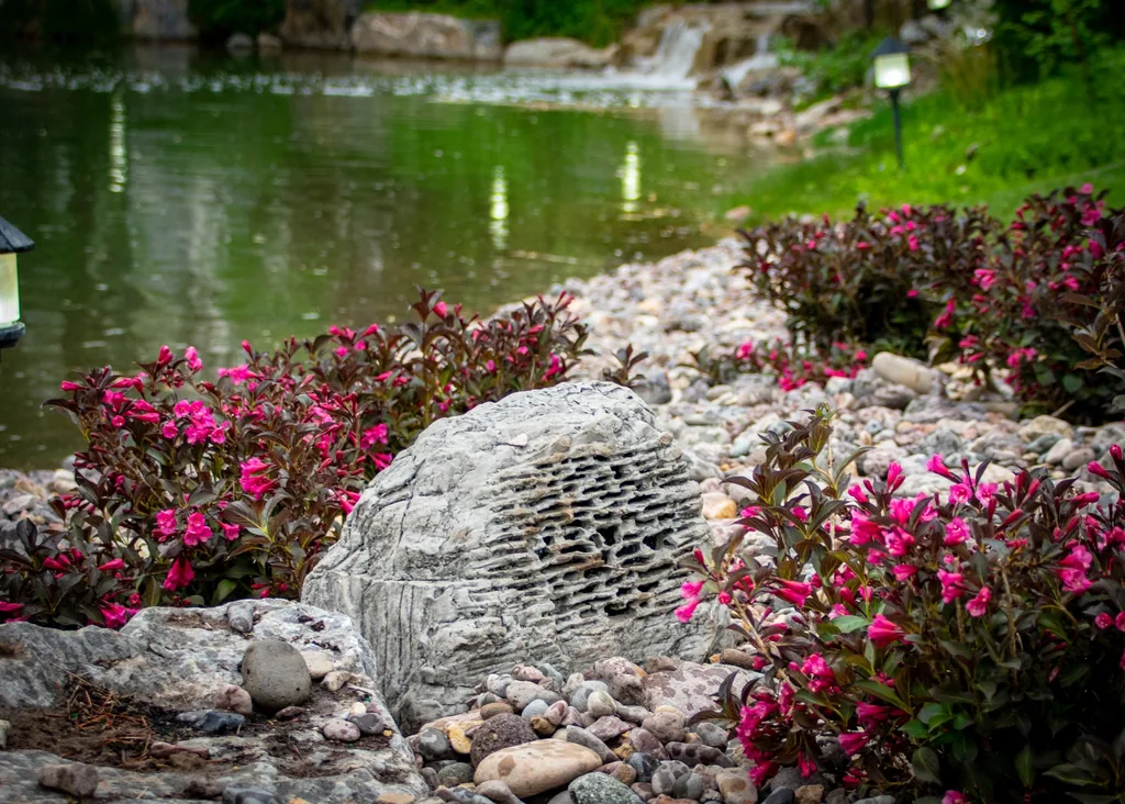 Caixa acústica Rockustics em forma de pedra entre arbustos floridos, à beira de um lago em jardim