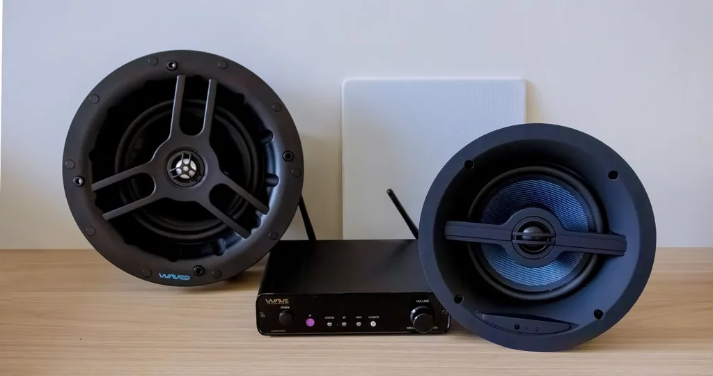 Duas caixas acústicas de embutir no teto WaveOne e um amplificador Wave Technology com Wi-Fi e Bluetooth sobre bancada de madeira clara