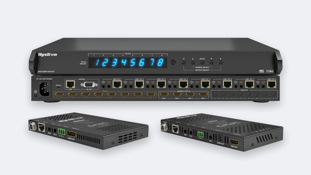 Matriz HDBaseT WyreStorm MXV-0808-H2A, 8 entradas por 8 saídas, com dois receptores, para distribuição de vídeo 4K pela casa