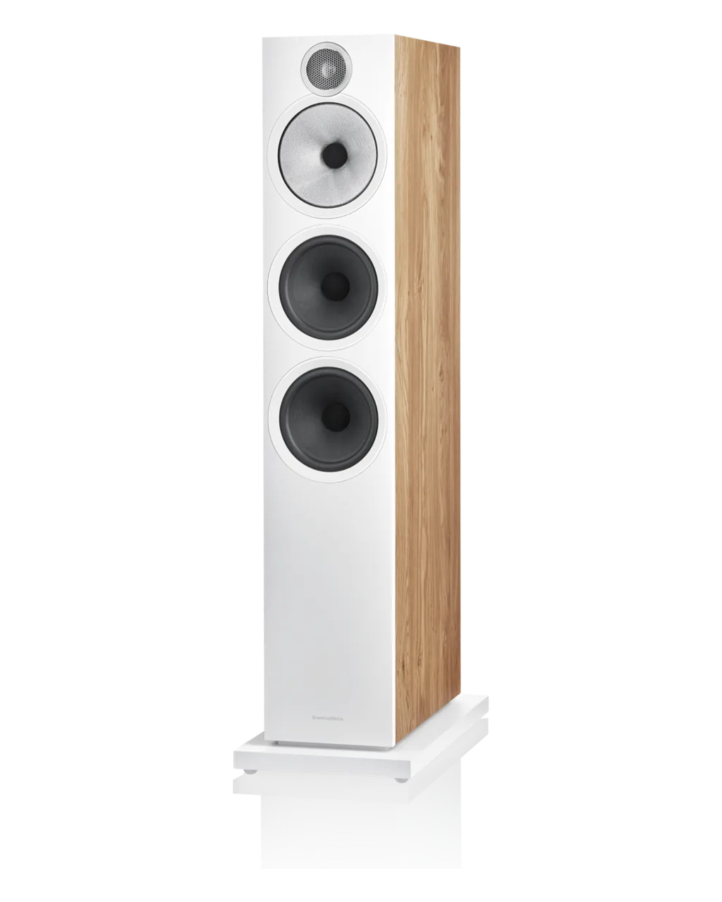 Caixa acústica de chão Bowers & Wilkins 603 S3 com frente branca e laterais em carvalho