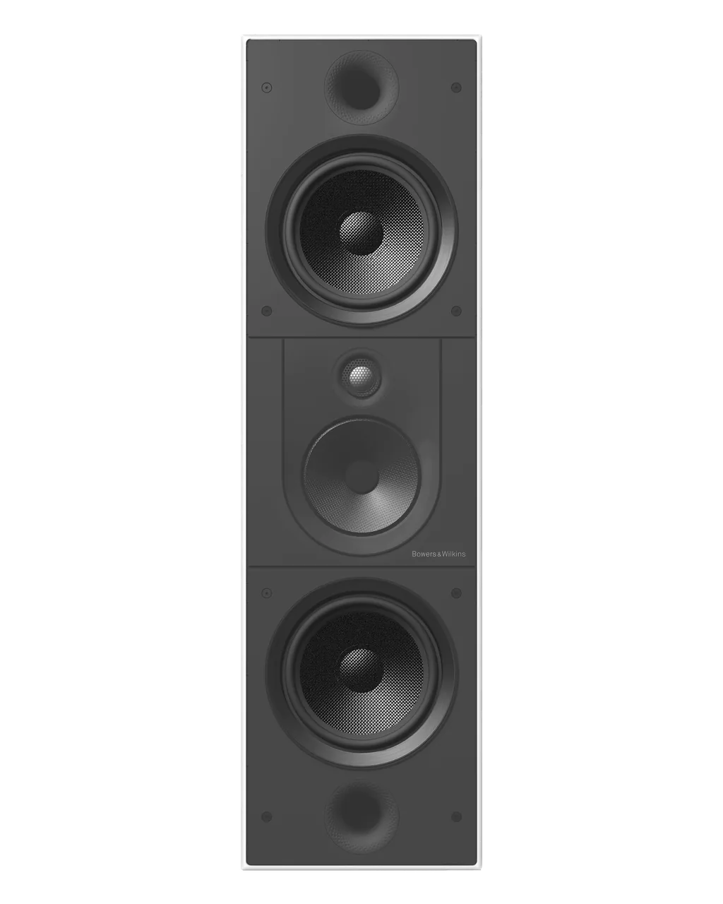 Caixa de parede Bowers & Wilkins CWM8.3 D sem a tela, com o tweeter e o médio entre dois woofers