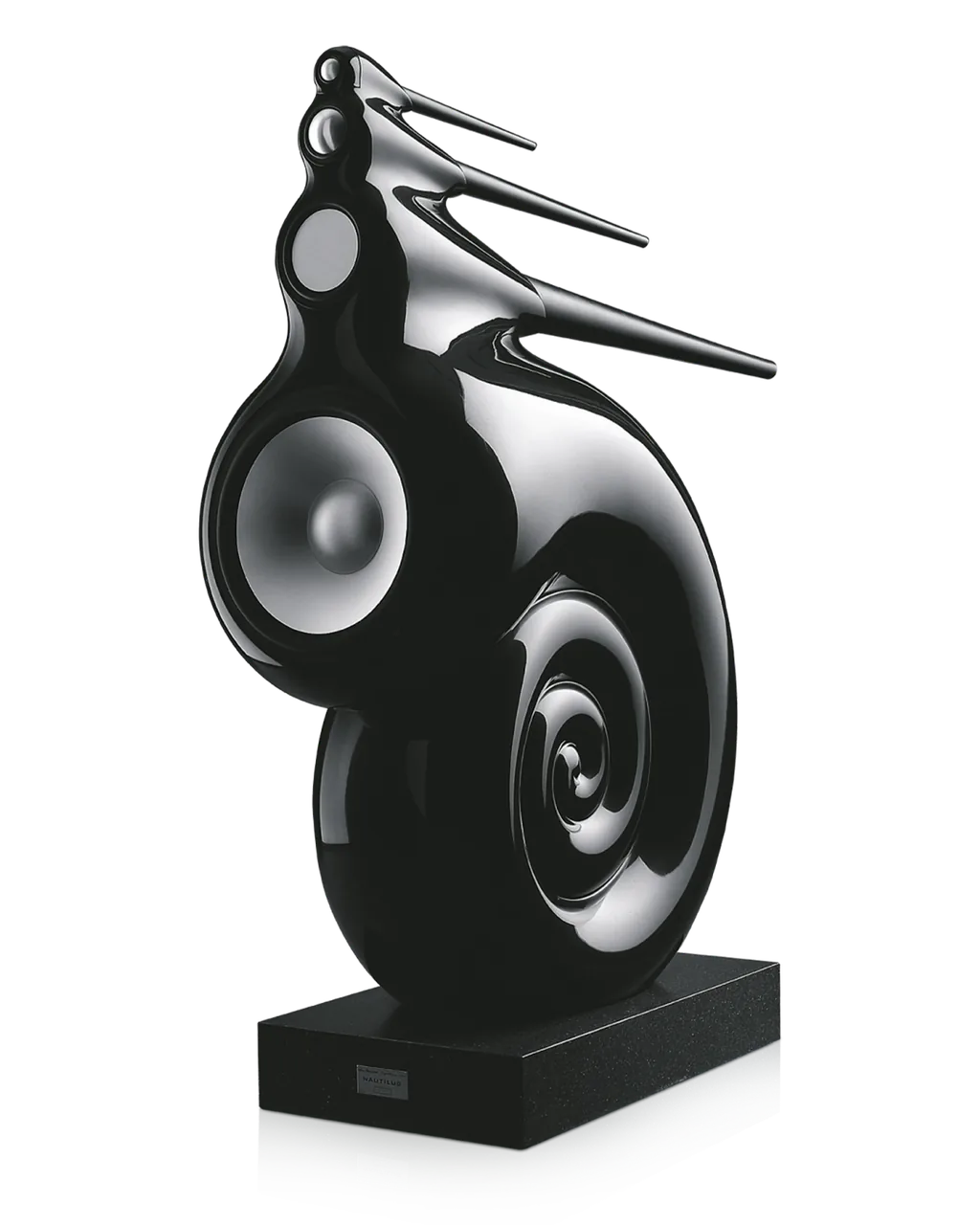 Caixa acústica Bowers & Wilkins Nautilus preta, em forma de espiral, sobre a base