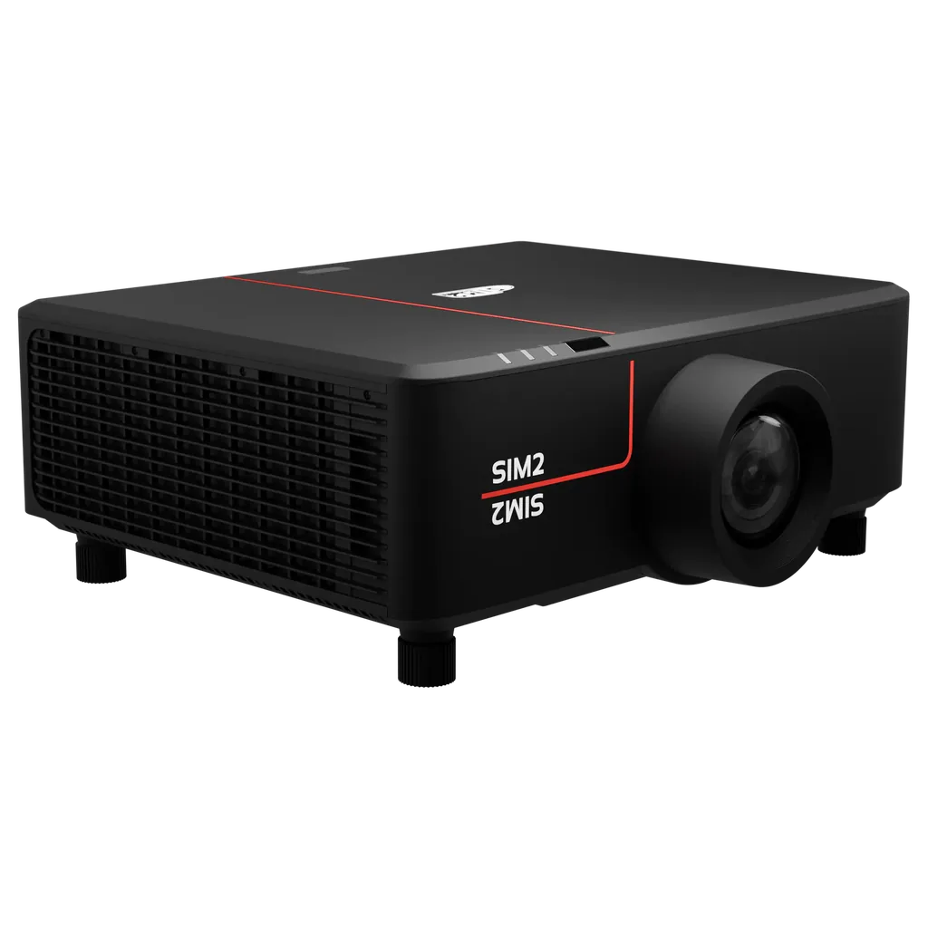 Projetor SIM2 UltraNero 4, gabinete preto com filete vermelho na frente